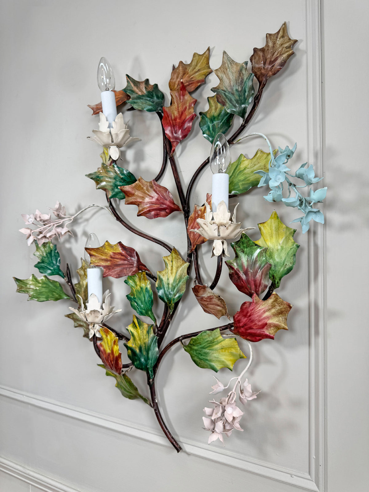 Exceptional Large Italian Hand Painted Holly Leaf and Flower Wall Sconce 1950's