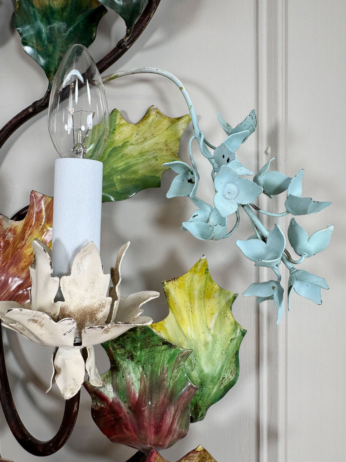 Exceptional Large Italian Hand Painted Holly Leaf and Flower Wall Sconce 1950's