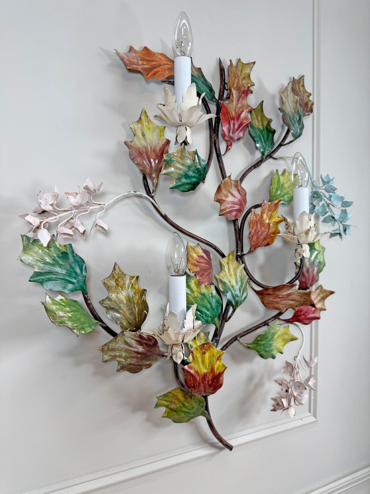 Exceptional Large Italian Hand Painted Holly Leaf and Flower Wall Sconce 1950's