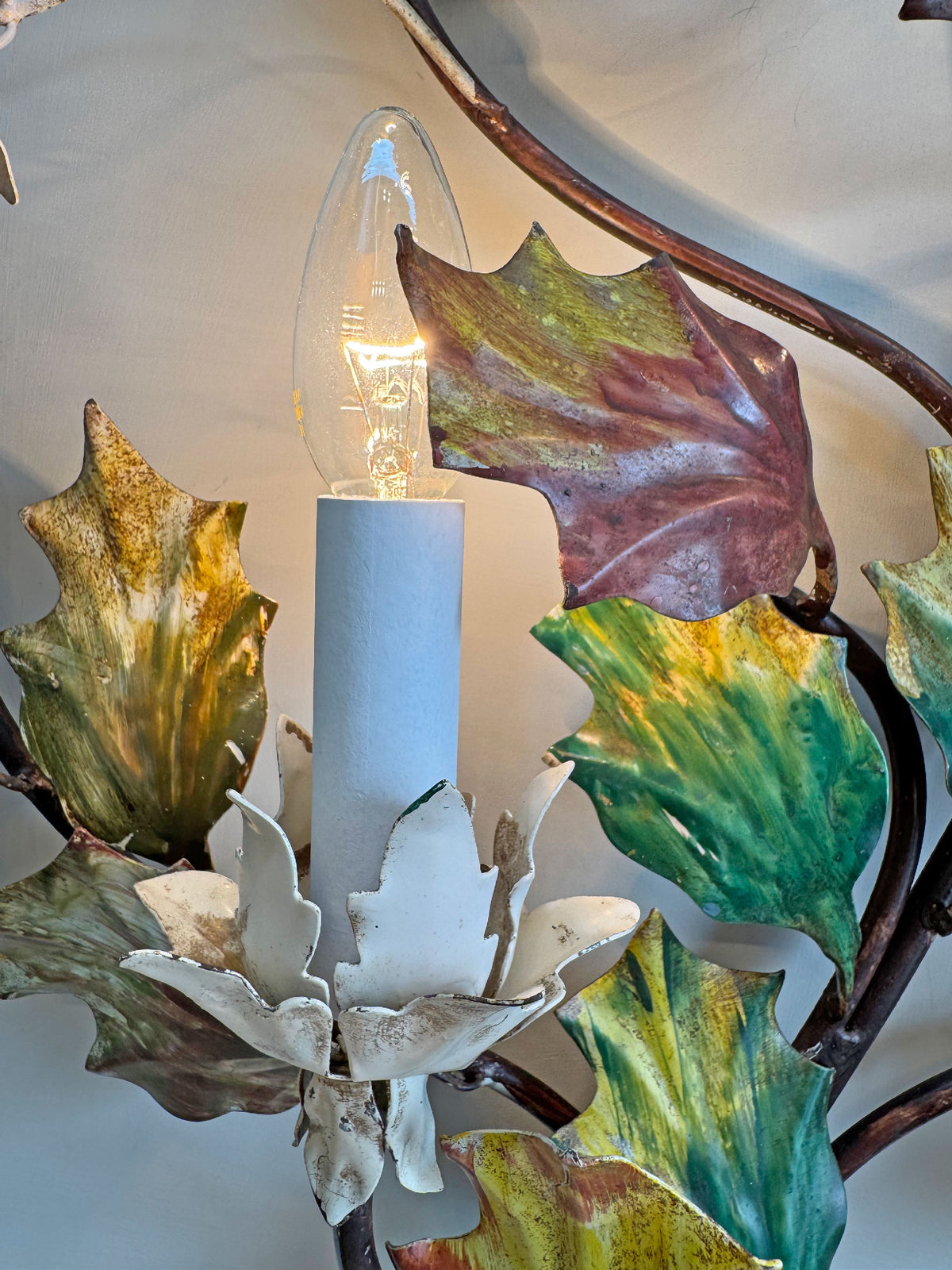 Exceptional Large Italian Hand Painted Holly Leaf and Flower Wall Sconce 1950's
