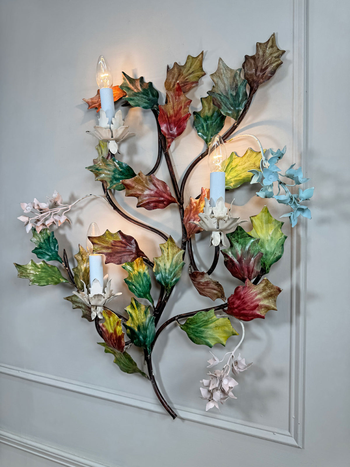 Exceptional Large Italian Hand Painted Holly Leaf and Flower Wall Sconce 1950's