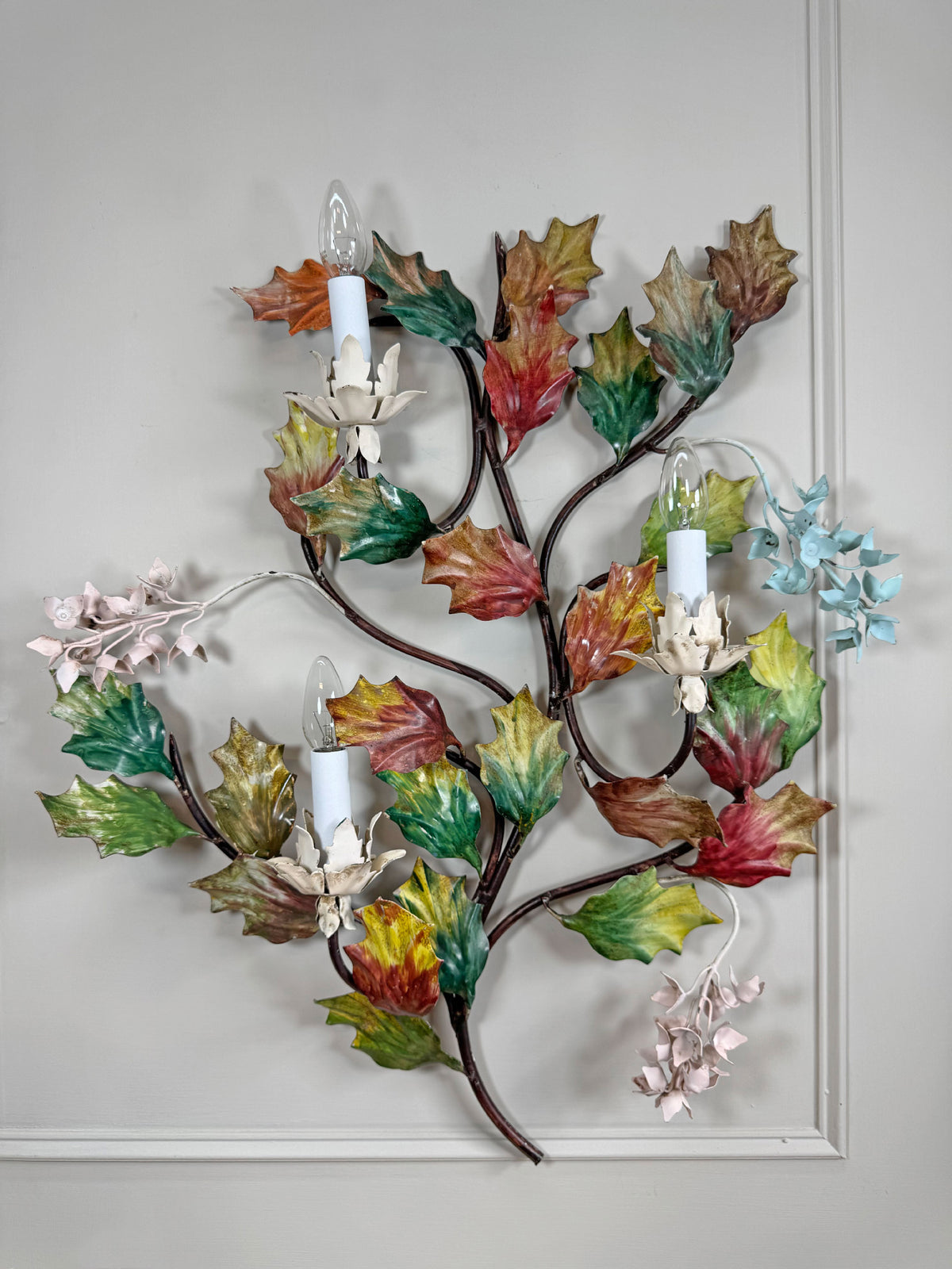 Exceptional Large Italian Hand Painted Holly Leaf and Flower Wall Sconce 1950's