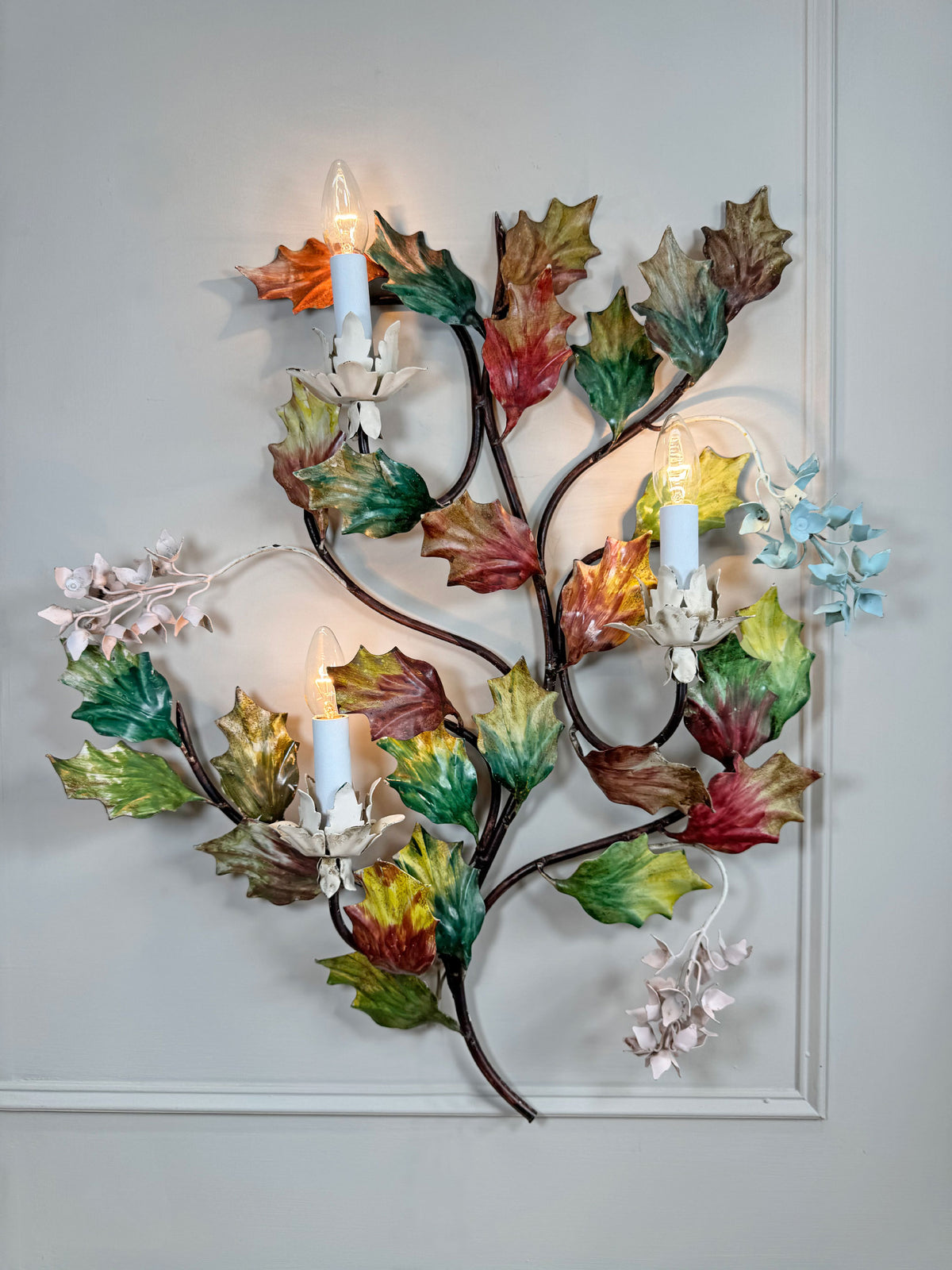 Exceptional Large Italian Hand Painted Holly Leaf and Flower Wall Sconce 1950's
