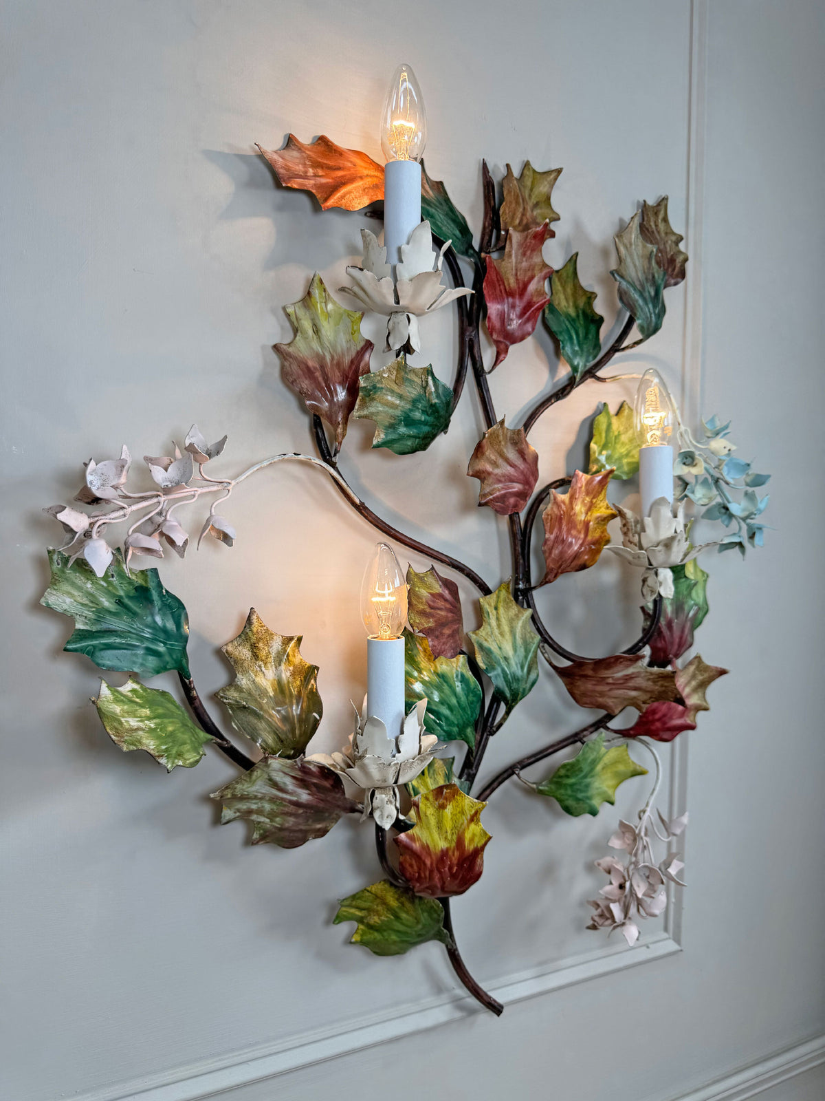 Exceptional Large Italian Hand Painted Holly Leaf and Flower Wall Sconce 1950's