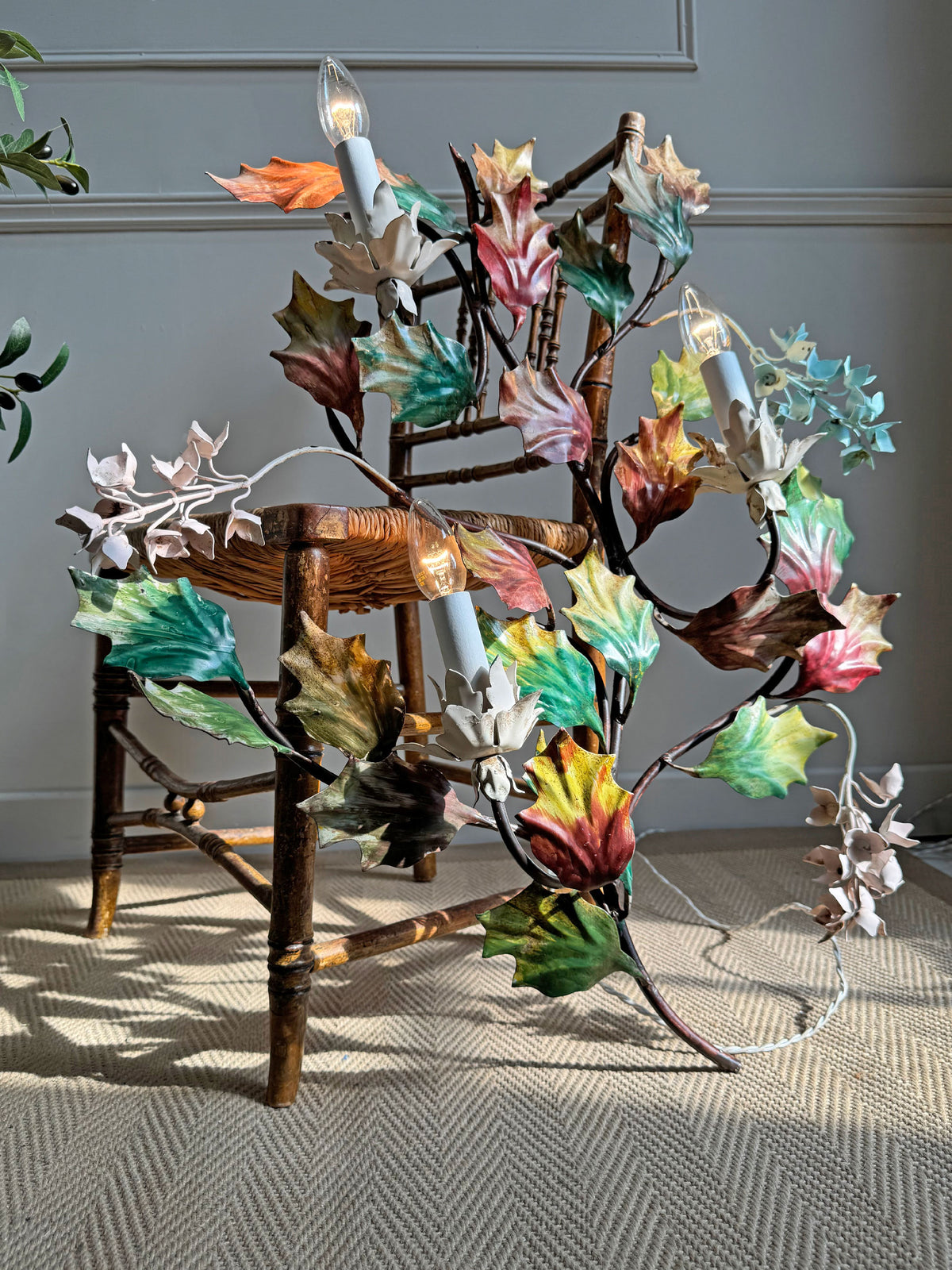 Exceptional Large Italian Hand Painted Holly Leaf and Flower Wall Sconce 1950's