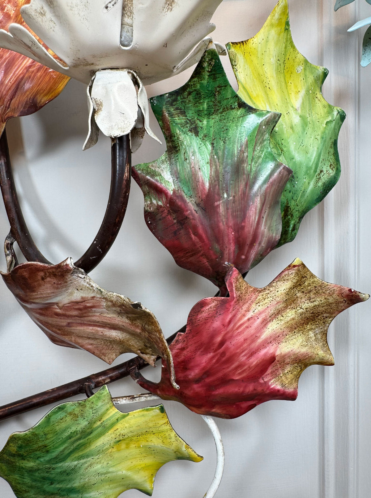 Exceptional Large Italian Hand Painted Holly Leaf and Flower Wall Sconce 1950's