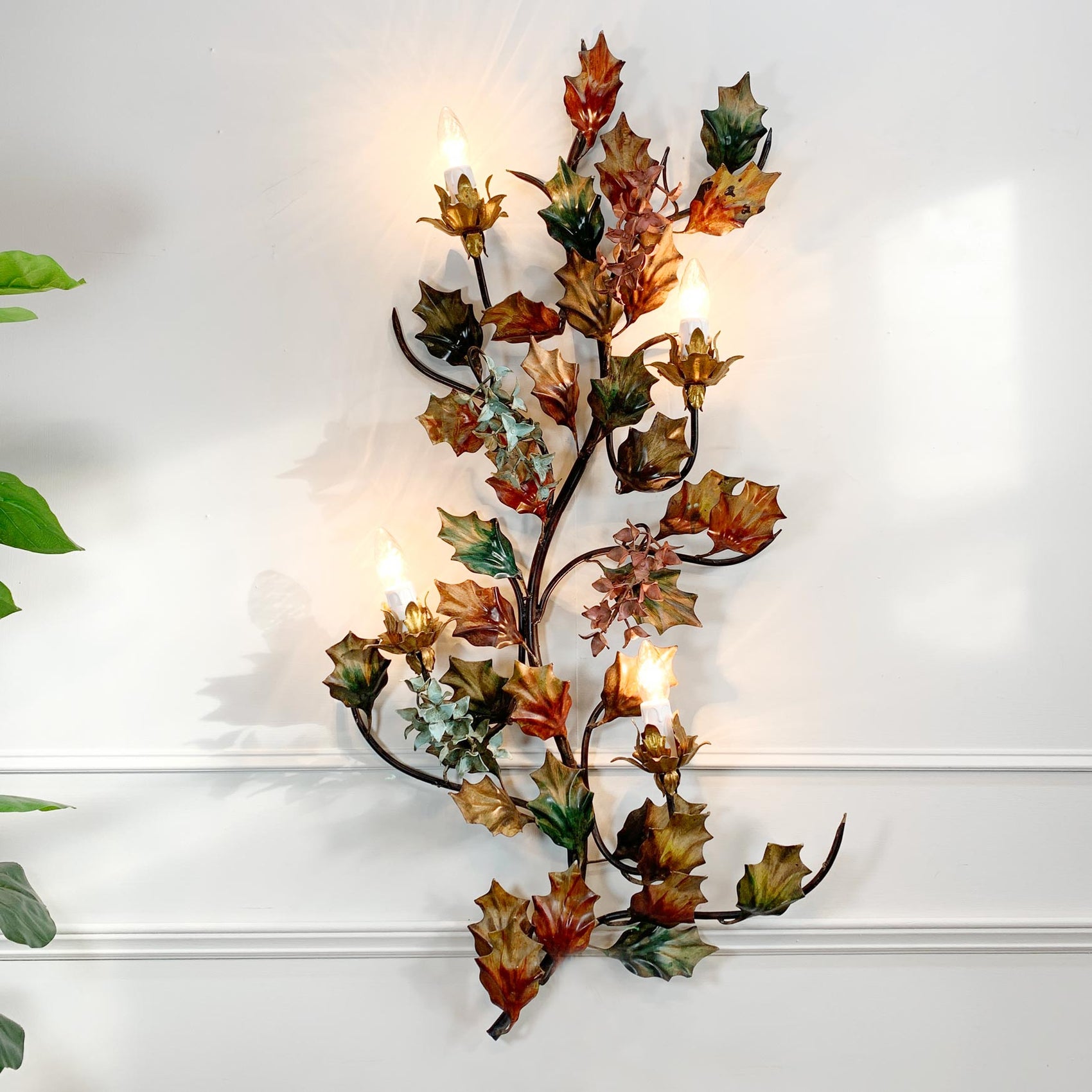 Exceptional Italian Hand Painted Holly Leaf Wall Sconce of Huge Scale