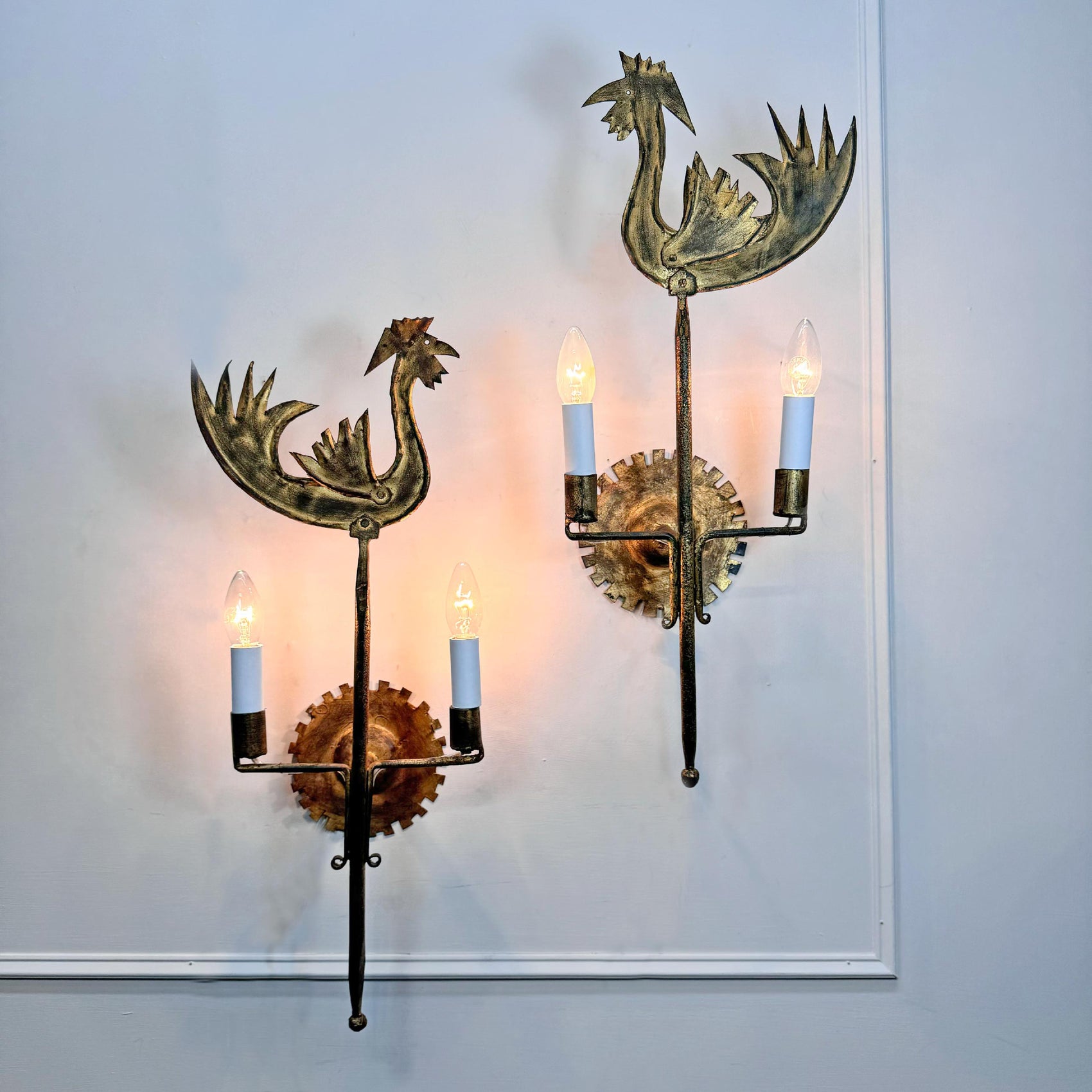 Vintage Pair of Jean Touret Cockerel Wall Lights for Ateliers de Marolles