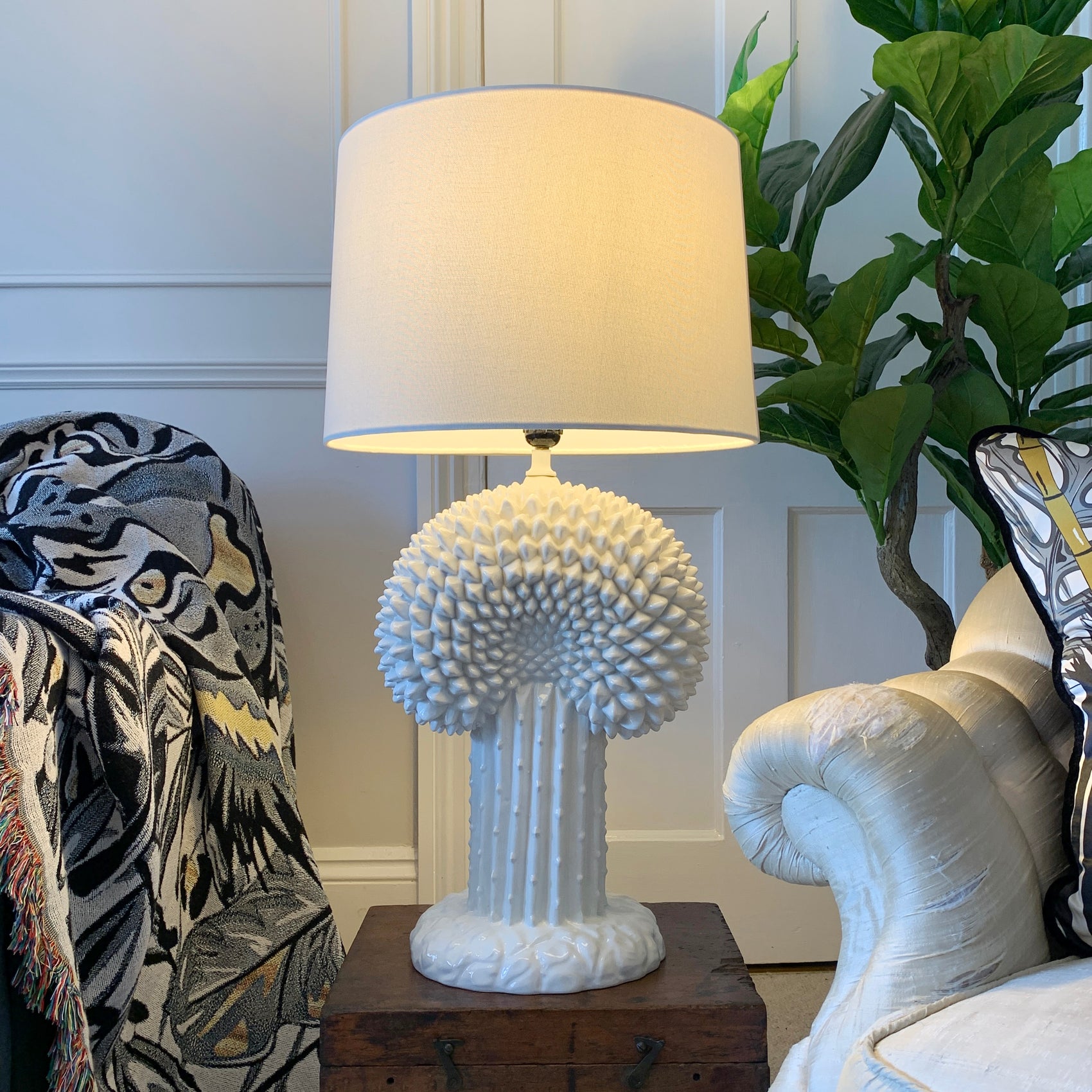 1970's White Ceramic Cactus Lamp Italian
