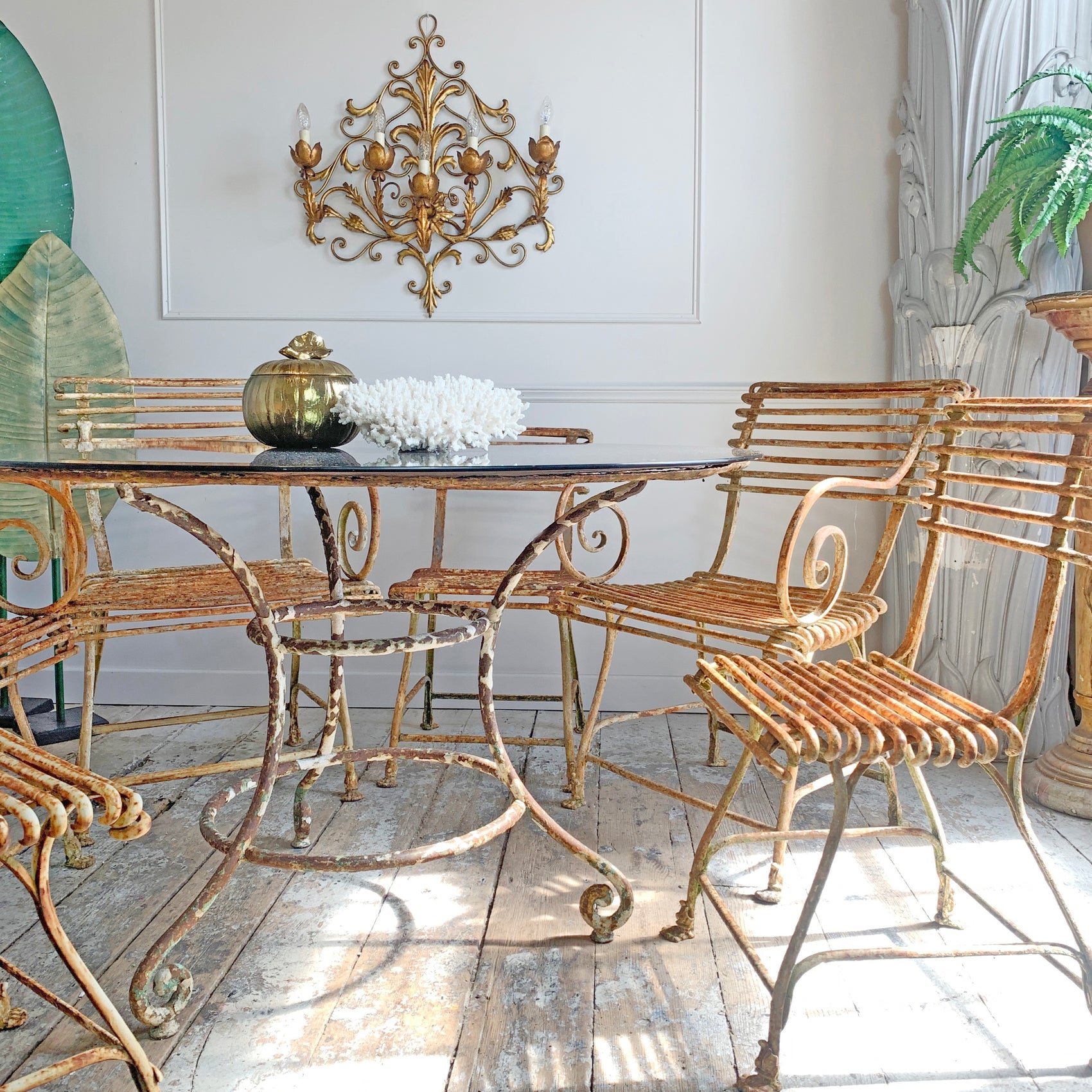 19th Century Large French Wrought Iron Table with Glass Top