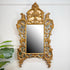 An ornate antique wall mirror with a gilded gold frame featuring intricate floral carvings and a central rectangular mirror, mounted on a white wall with a green plant leaf visible in the lower left corner.
