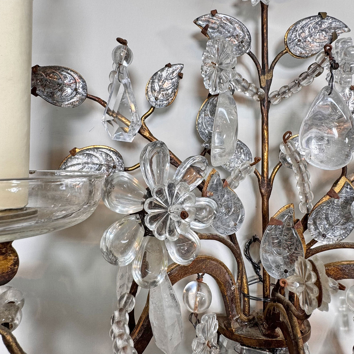 Maison Bagues Set of 3 Substantial Rock Crystal and Gilt Iron Wall Lights Circa 1930's France