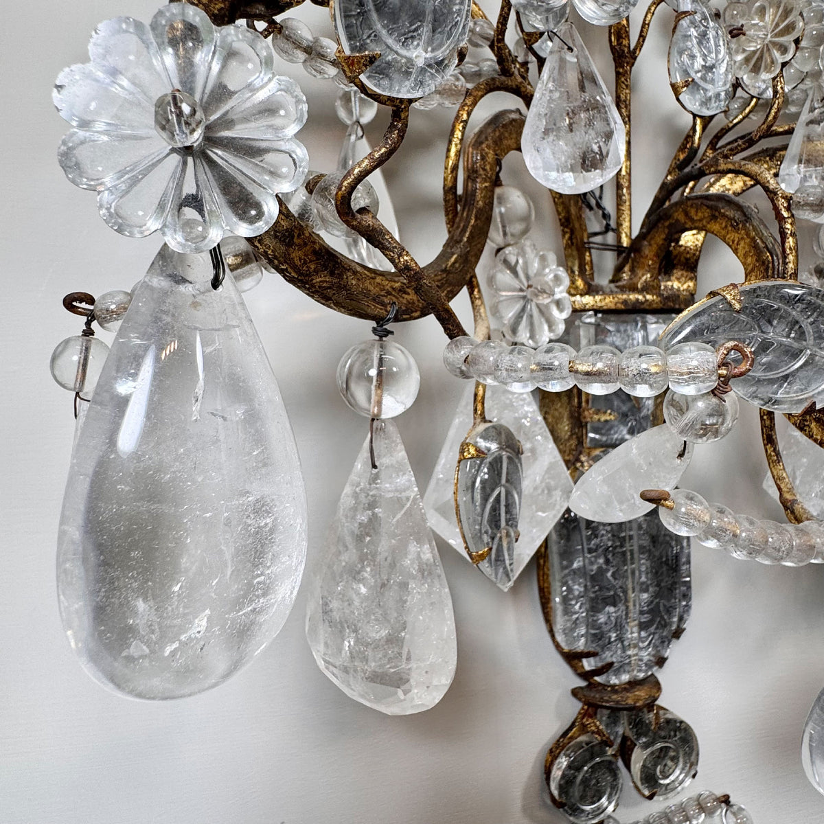 Maison Bagues Set of 3 Substantial Rock Crystal and Gilt Iron Wall Lights Circa 1930's France