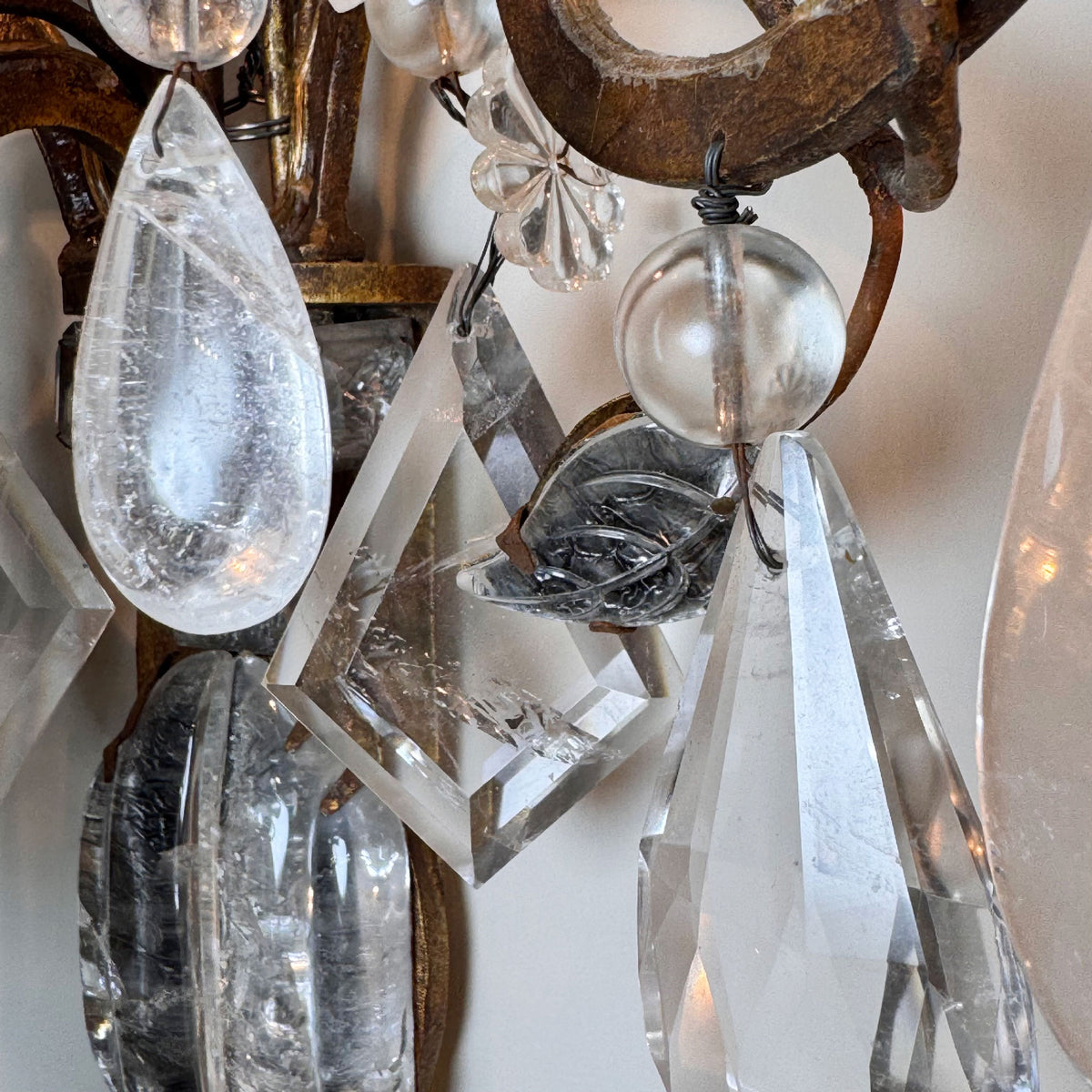 Maison Bagues Set of 3 Substantial Rock Crystal and Gilt Iron Wall Lights Circa 1930's France