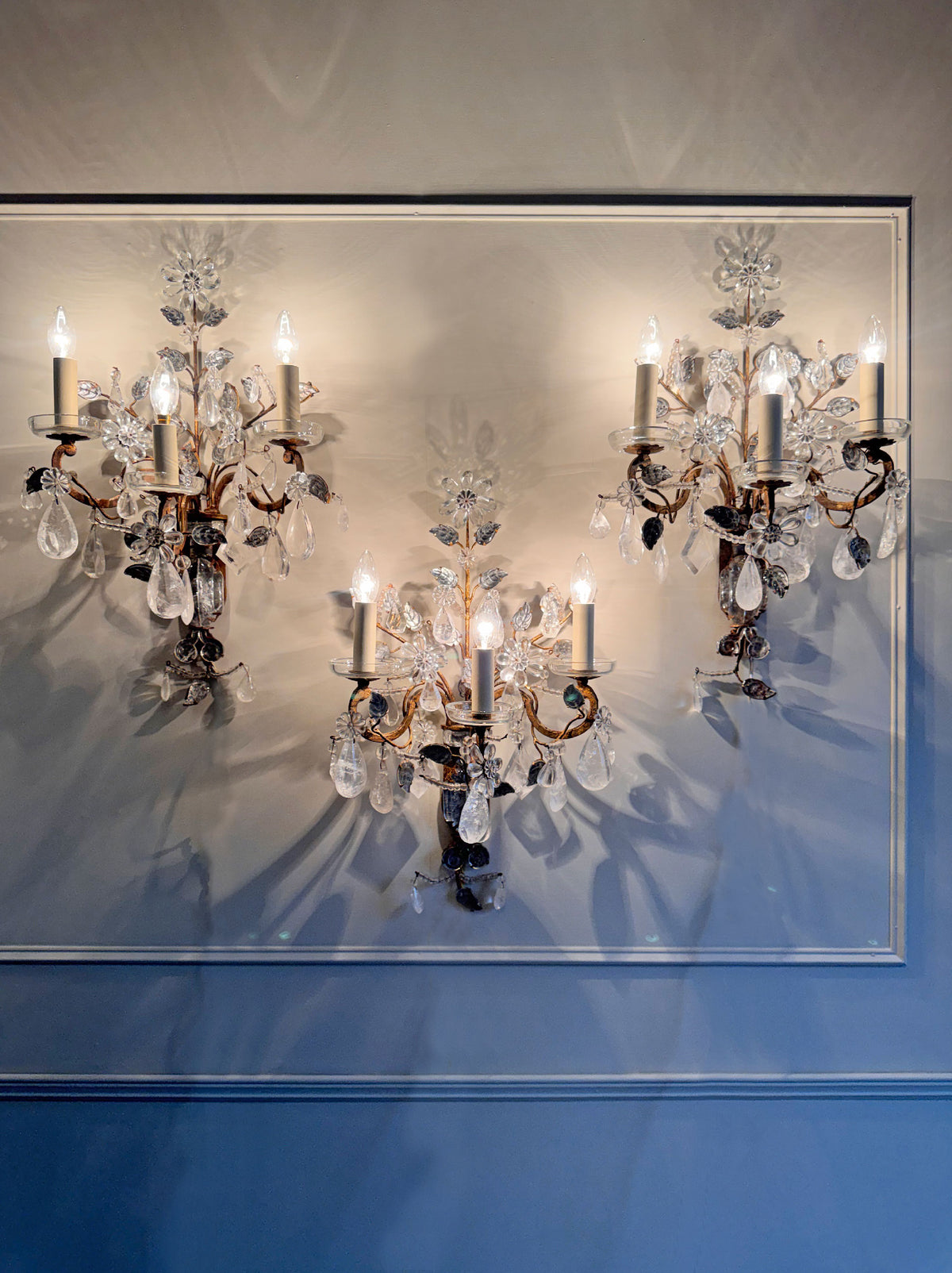 Maison Bagues Set of 3 Substantial Rock Crystal and Gilt Iron Wall Lights Circa 1930's France