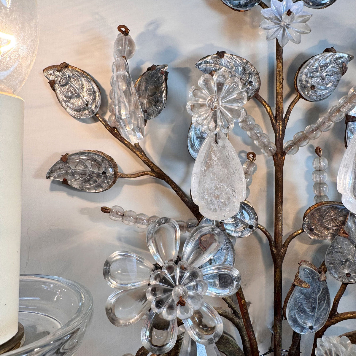 Maison Bagues Set of 3 Substantial Rock Crystal and Gilt Iron Wall Lights Circa 1930's France