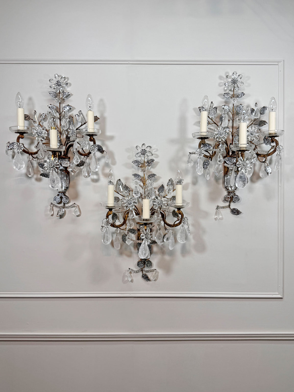 Maison Bagues Set of 3 Substantial Rock Crystal and Gilt Iron Wall Lights Circa 1930's France