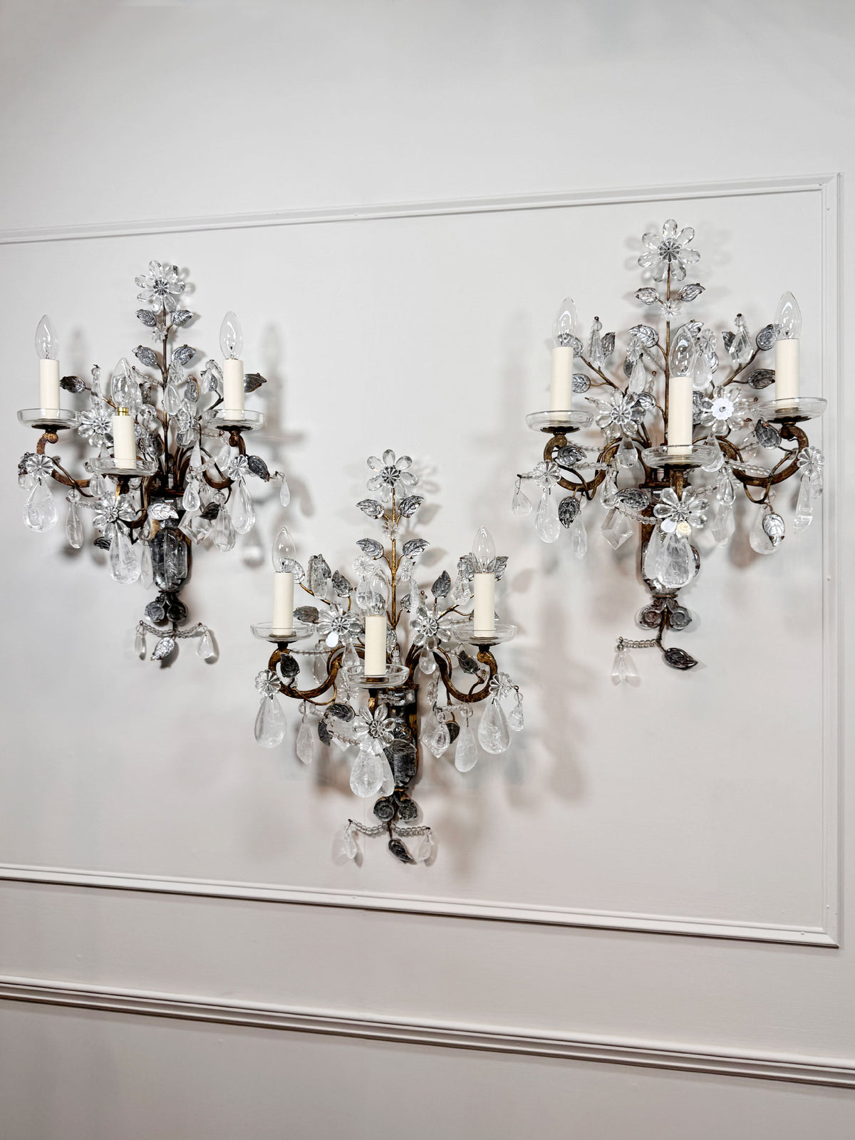 Maison Bagues Set of 3 Substantial Rock Crystal and Gilt Iron Wall Lights Circa 1930's France