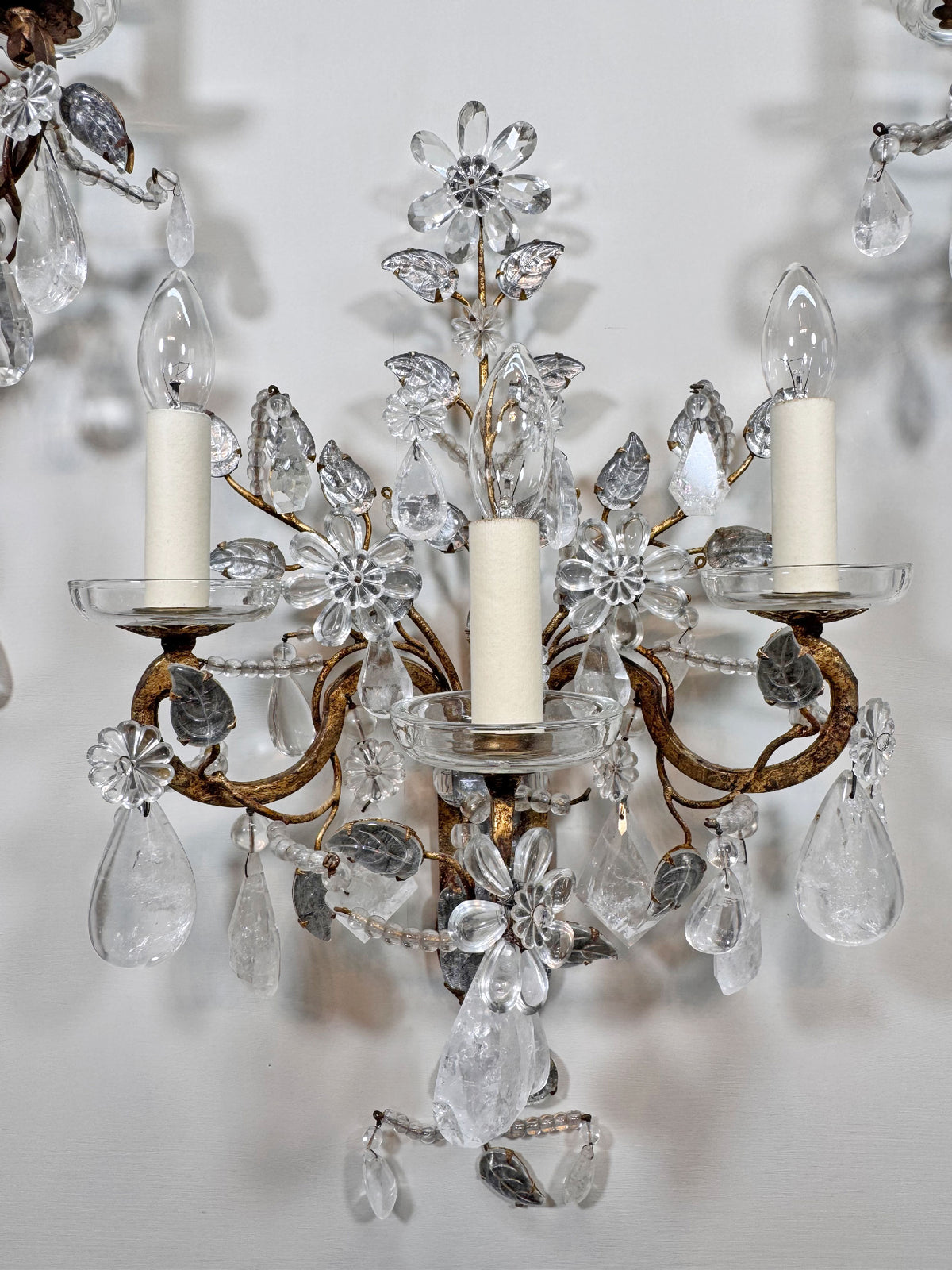 Maison Bagues Set of 3 Substantial Rock Crystal and Gilt Iron Wall Lights Circa 1930's France