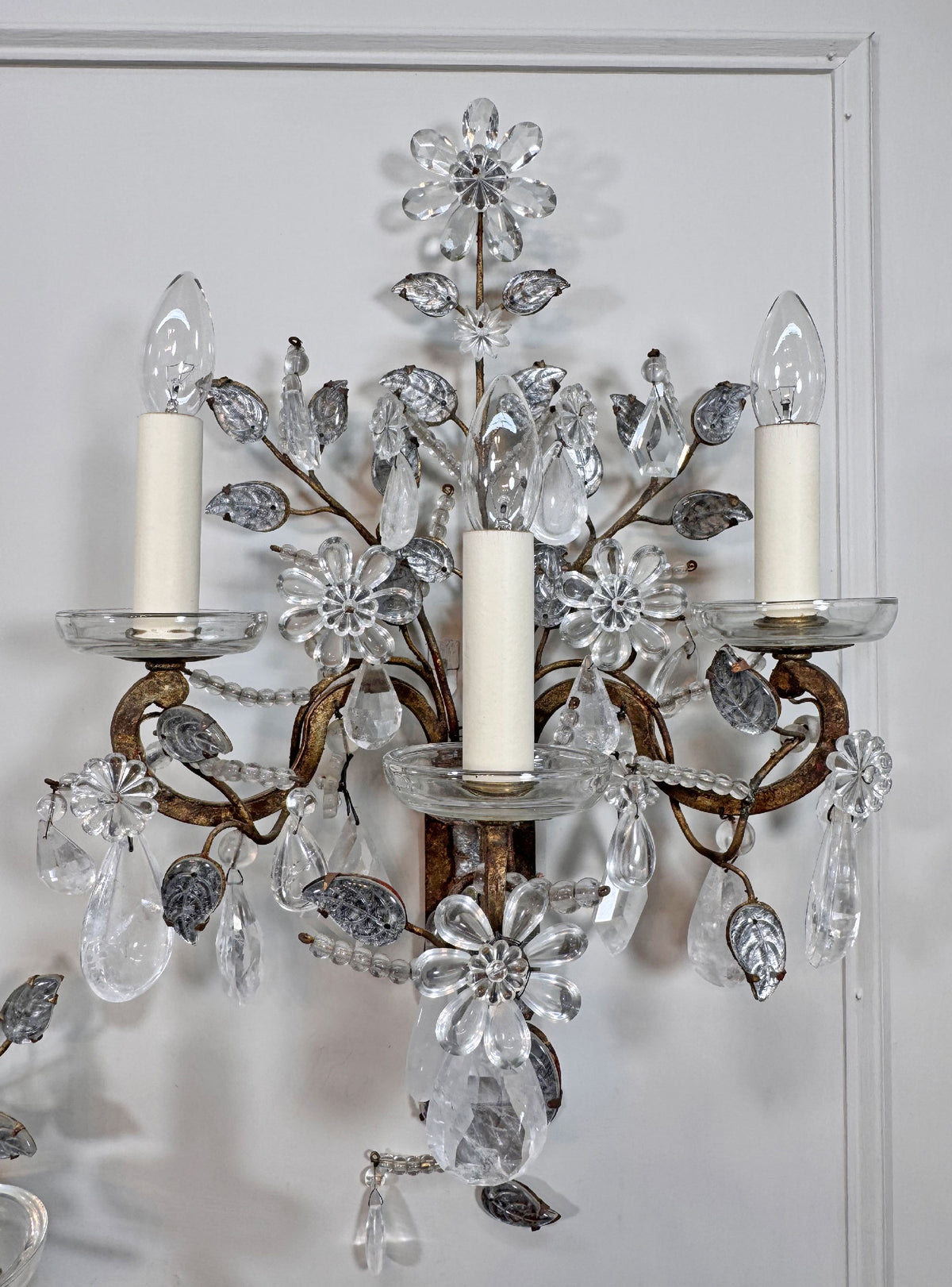 Maison Bagues Set of 3 Substantial Rock Crystal and Gilt Iron Wall Lights Circa 1930's France