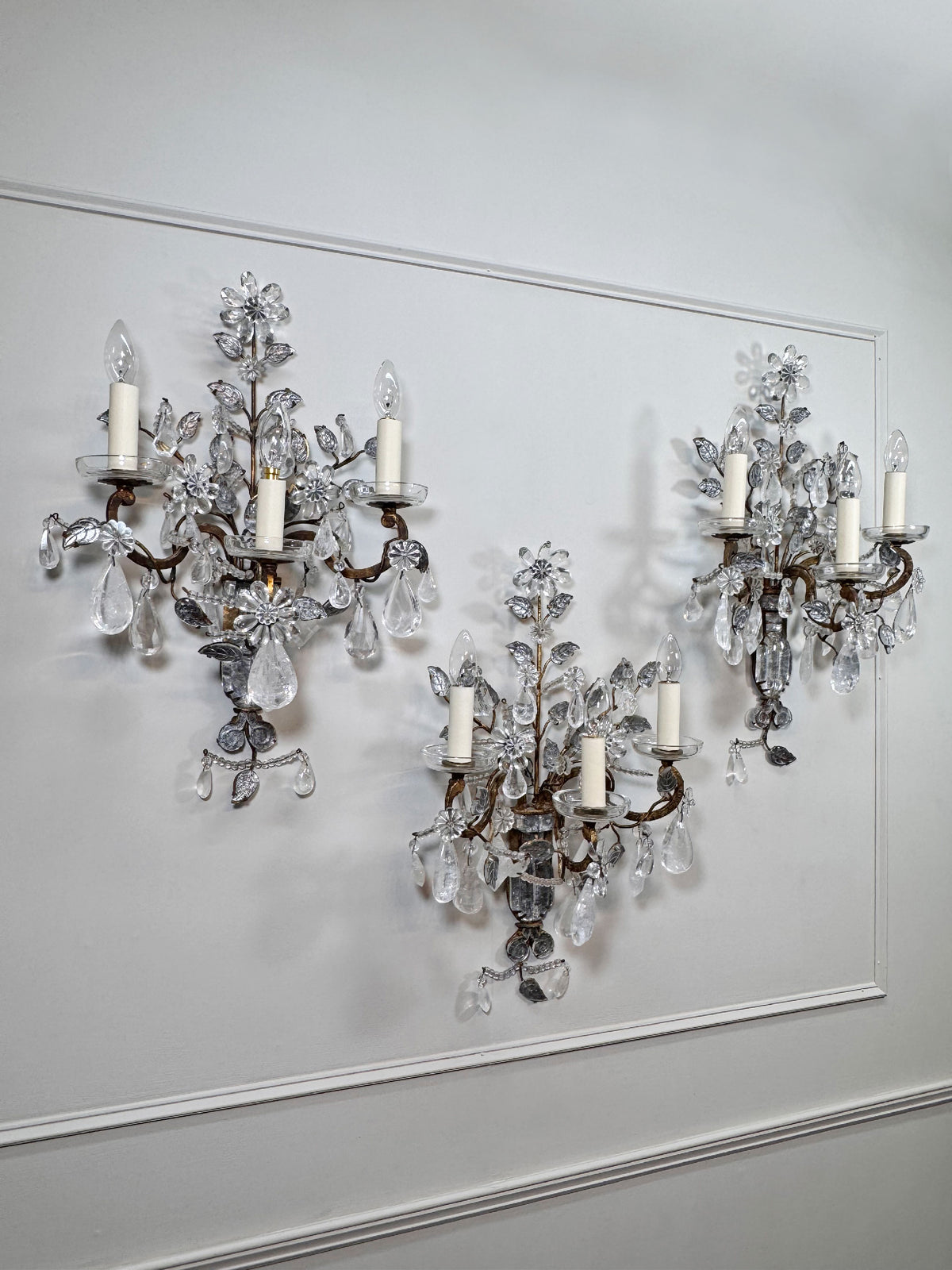 Maison Bagues Set of 3 Substantial Rock Crystal and Gilt Iron Wall Lights Circa 1930's France