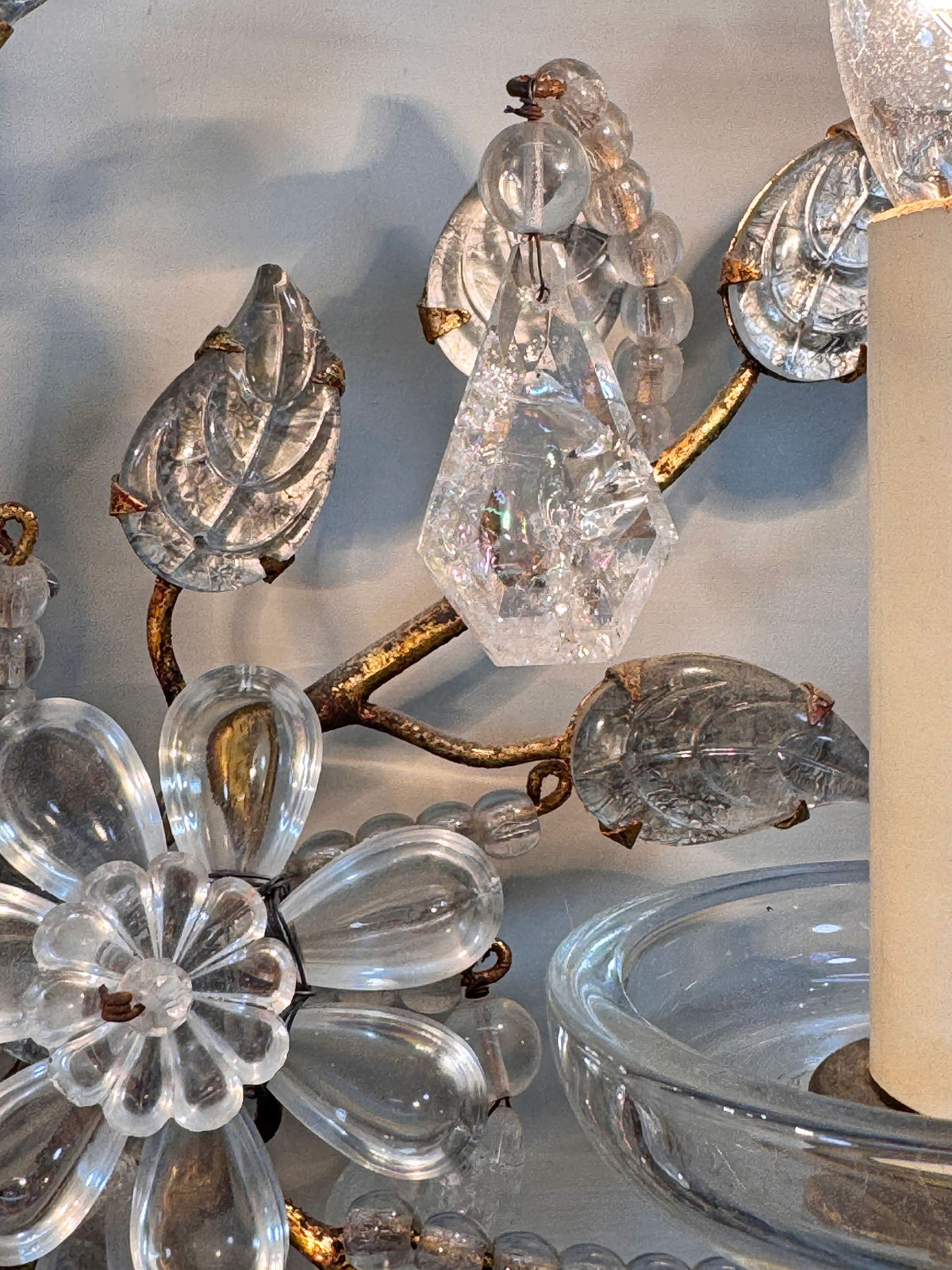 Maison Bagues Set of 3 Substantial Rock Crystal and Gilt Iron Wall Lights Circa 1930's France