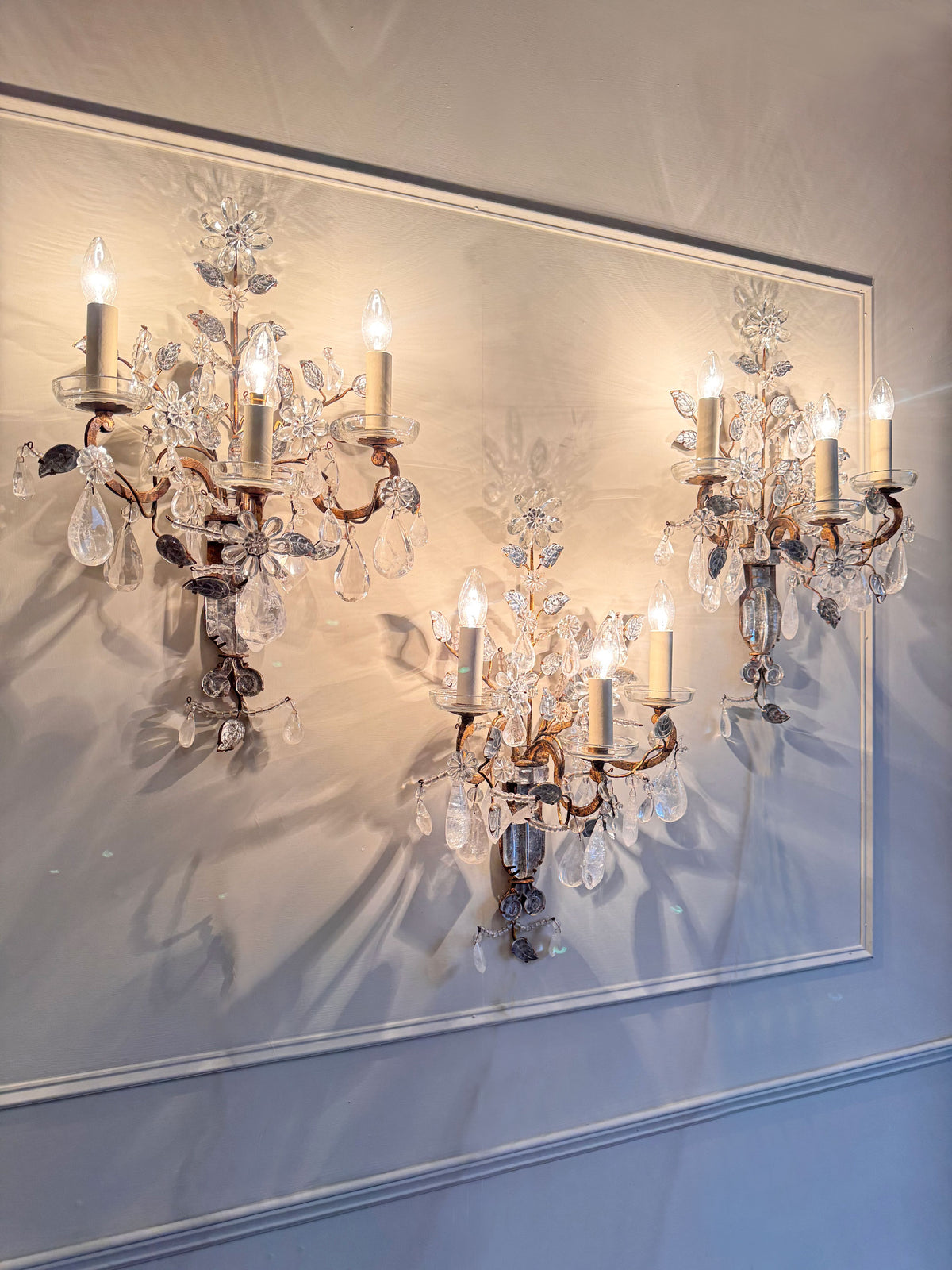 Maison Bagues Set of 3 Substantial Rock Crystal and Gilt Iron Wall Lights Circa 1930's France