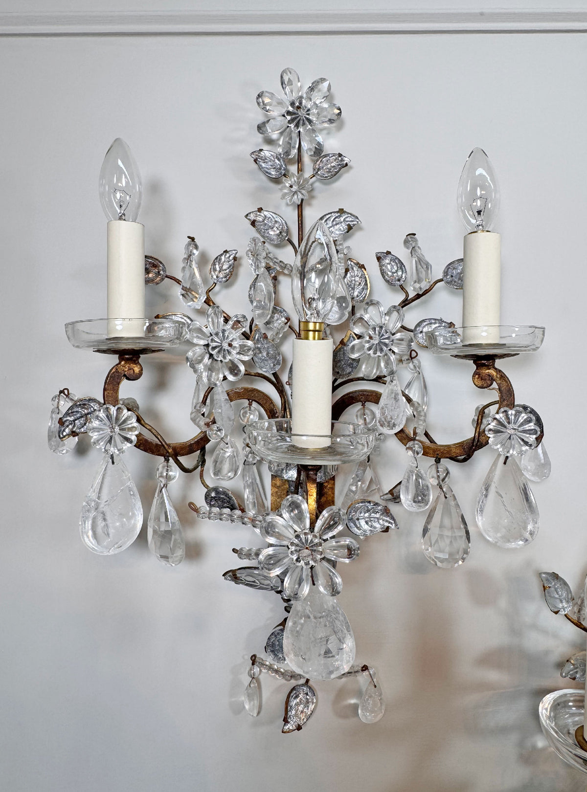 Maison Bagues Set of 3 Substantial Rock Crystal and Gilt Iron Wall Lights Circa 1930's France