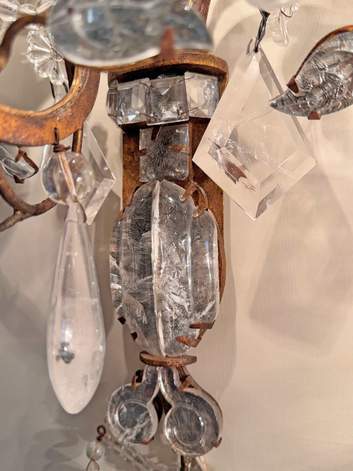 Maison Bagues Set of 3 Substantial Rock Crystal and Gilt Iron Wall Lights Circa 1930's France
