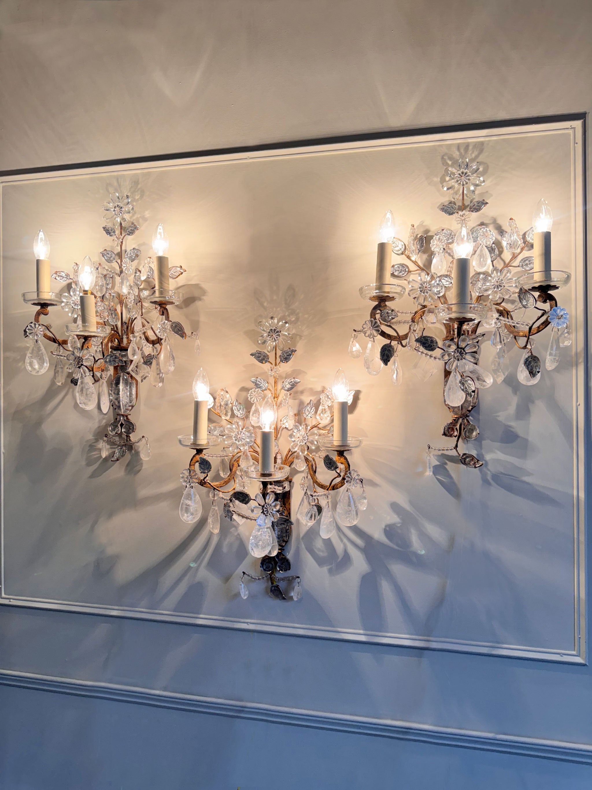 Maison Bagues Set of 3 Substantial Rock Crystal and Gilt Iron Wall Lights Circa 1930's France