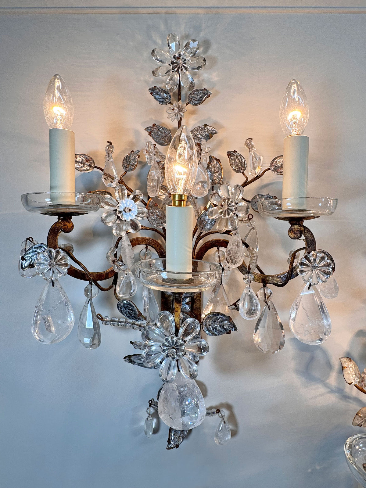 Maison Bagues Set of 3 Substantial Rock Crystal and Gilt Iron Wall Lights Circa 1930's France
