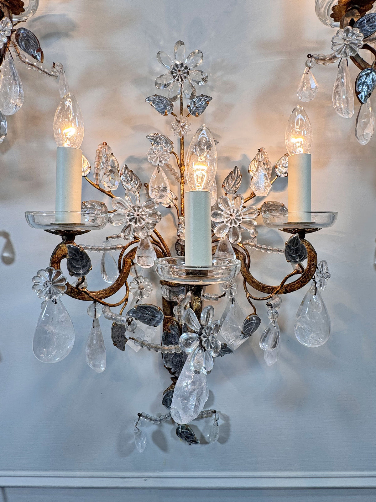 Maison Bagues Set of 3 Substantial Rock Crystal and Gilt Iron Wall Lights Circa 1930's France