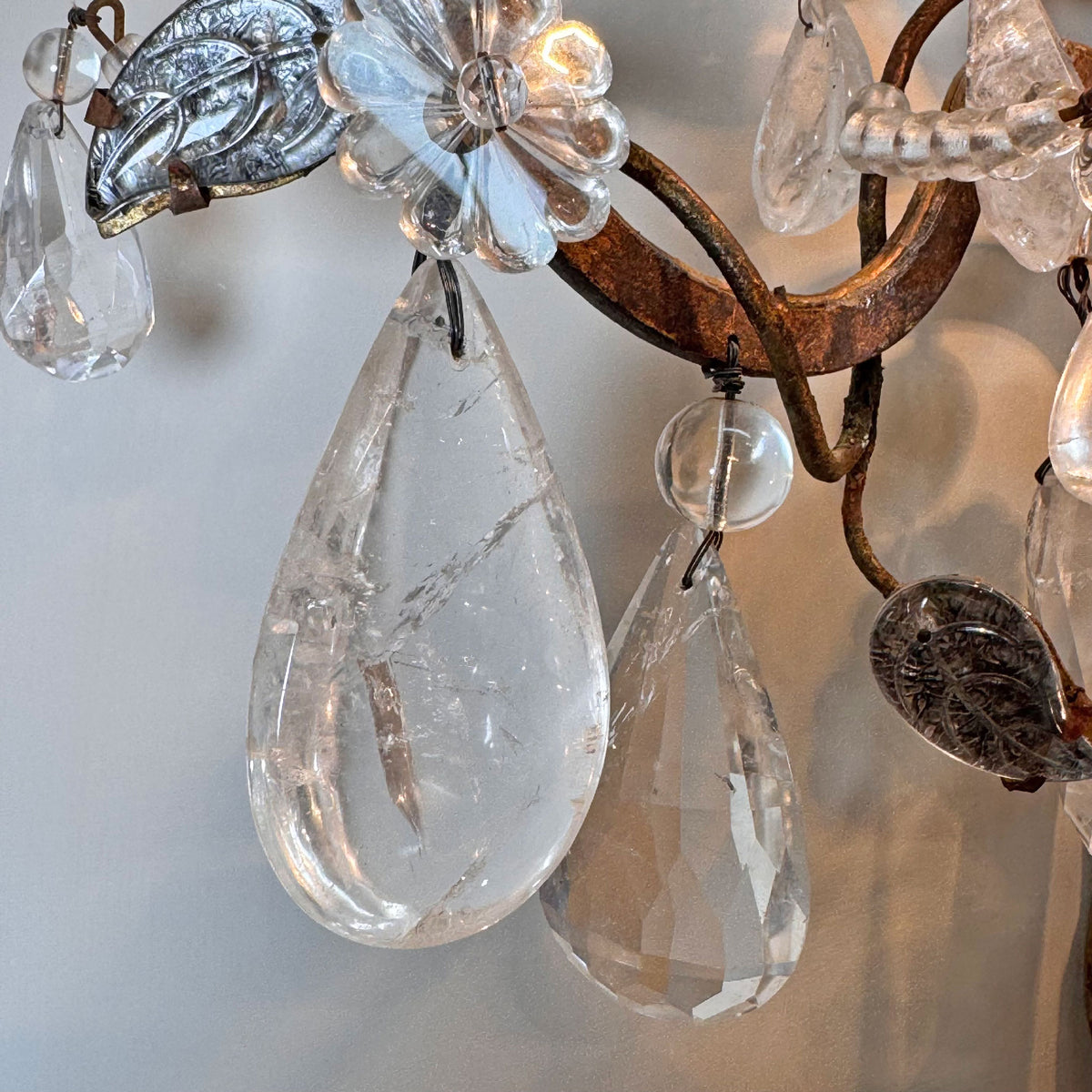 Maison Bagues Set of 3 Substantial Rock Crystal and Gilt Iron Wall Lights Circa 1930's France