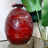 A glossy red Marc Chagall pomegranate-shaped decorative ice bucket with embossed animal and floral details, displayed on a glass tabletop with large green leaves in the background.