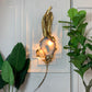 A Marc d'Haenens Magnificent Signed Illuminated Wall Sculpture decorative wall light mounted on a white paneled wall, featuring a polished agate stone shell with a glowing light inside, surrounded by gold-toned metal leaves and scrollwork, flanked by green potted plants.