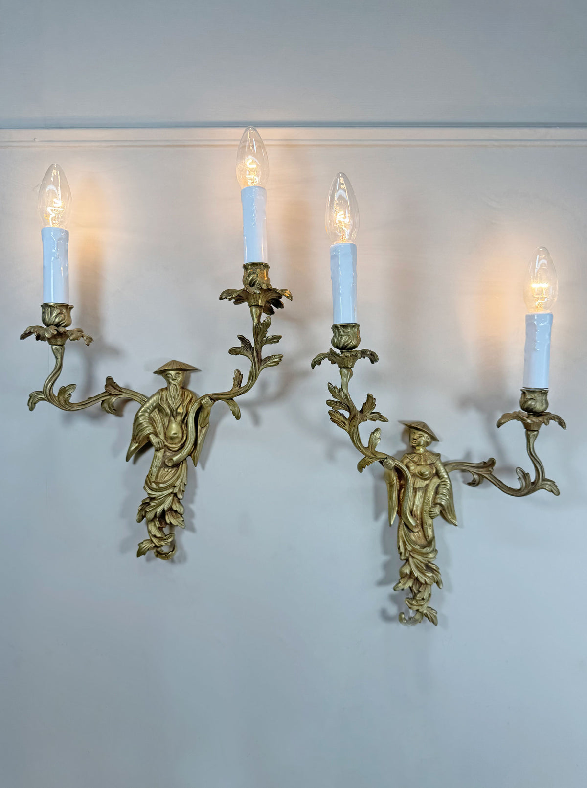 Pair of Mid Century Chinoiserie Figure Wall Lights
