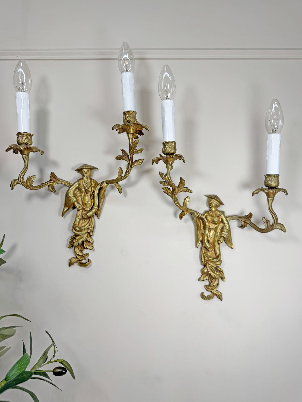 Pair of Mid Century Chinoiserie Figure Wall Lights