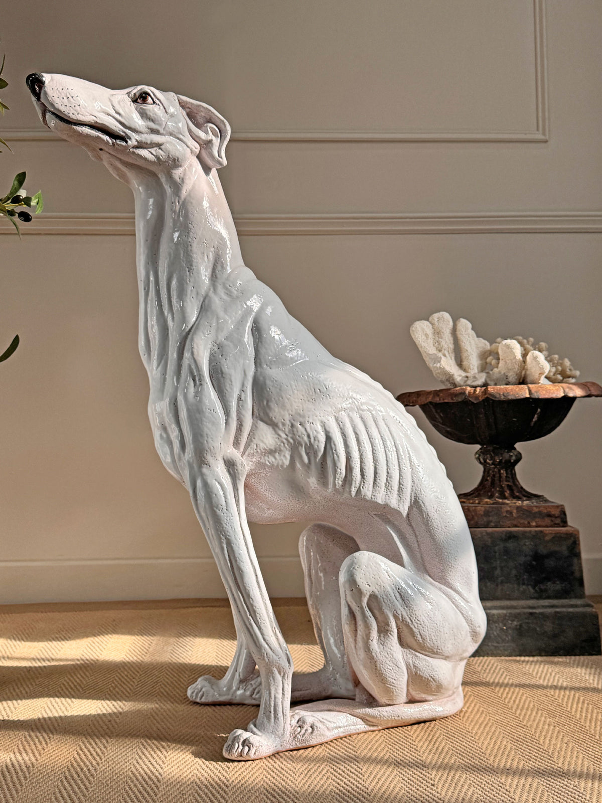 An Impeccable 1950's Italian Life Size Glazed Terracotta Greyhound Statue