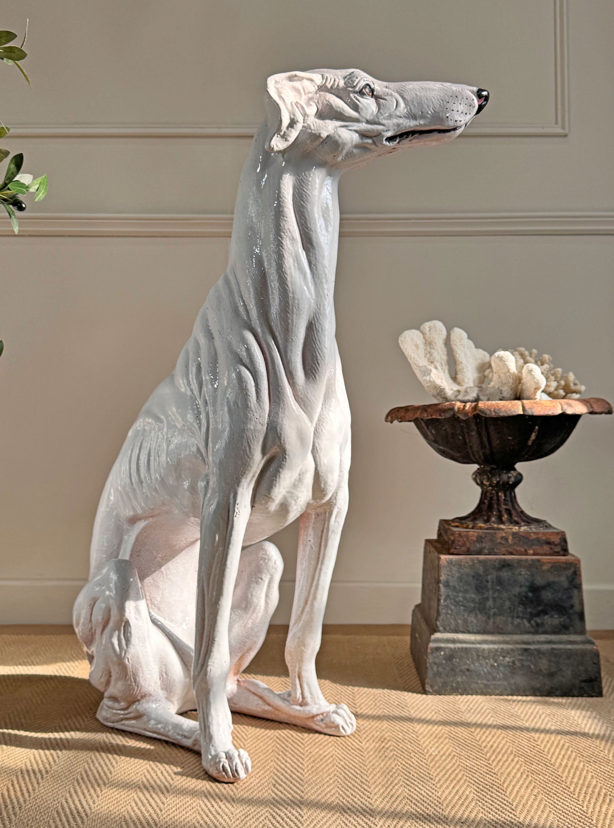 An Impeccable 1950's Italian Life Size Glazed Terracotta Greyhound Statue