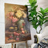 A large vertical canvas painting of a still life floral arrangement on an easel, displayed in a bright room next to a green potted plant and a white armchair.