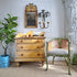 A n antique victorian three-drawer wooden chest of drawers in a warm finish with hand painted details, styled in a room next to a distressed green and beige cane-back chair, a potted fiddle-leaf fig plant, and a decorative wall mirror.
