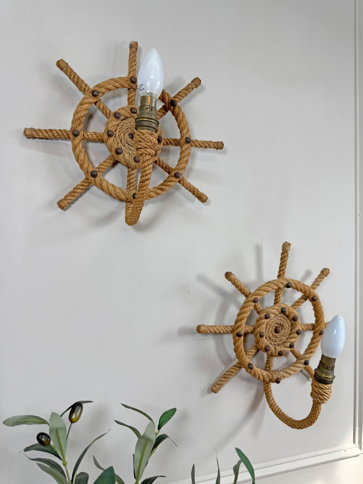 Audoux Minet an Exceptionally Rare Pair of Ships Wheel Rope Wall Lights France 1960's