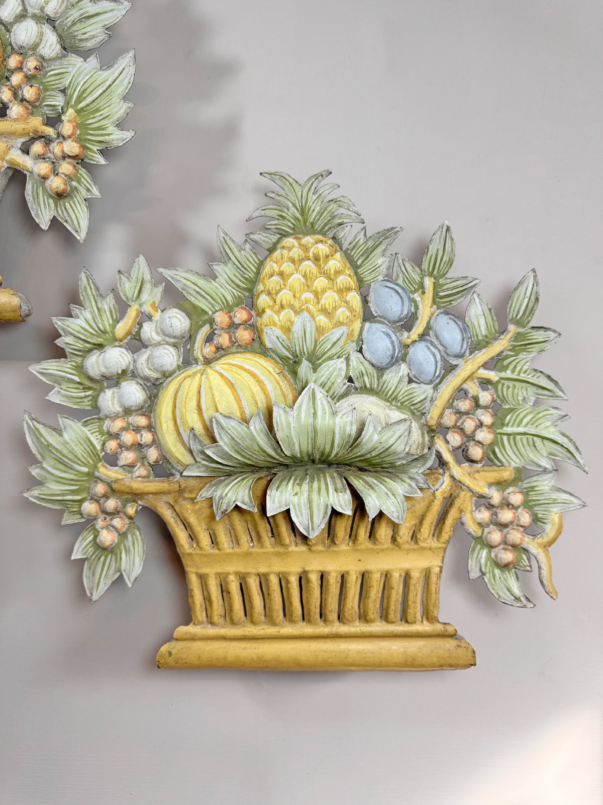 Pair of 1950'S French Toleware Polychrome Painted Basket Of Fruit And Flowers Wall Lights