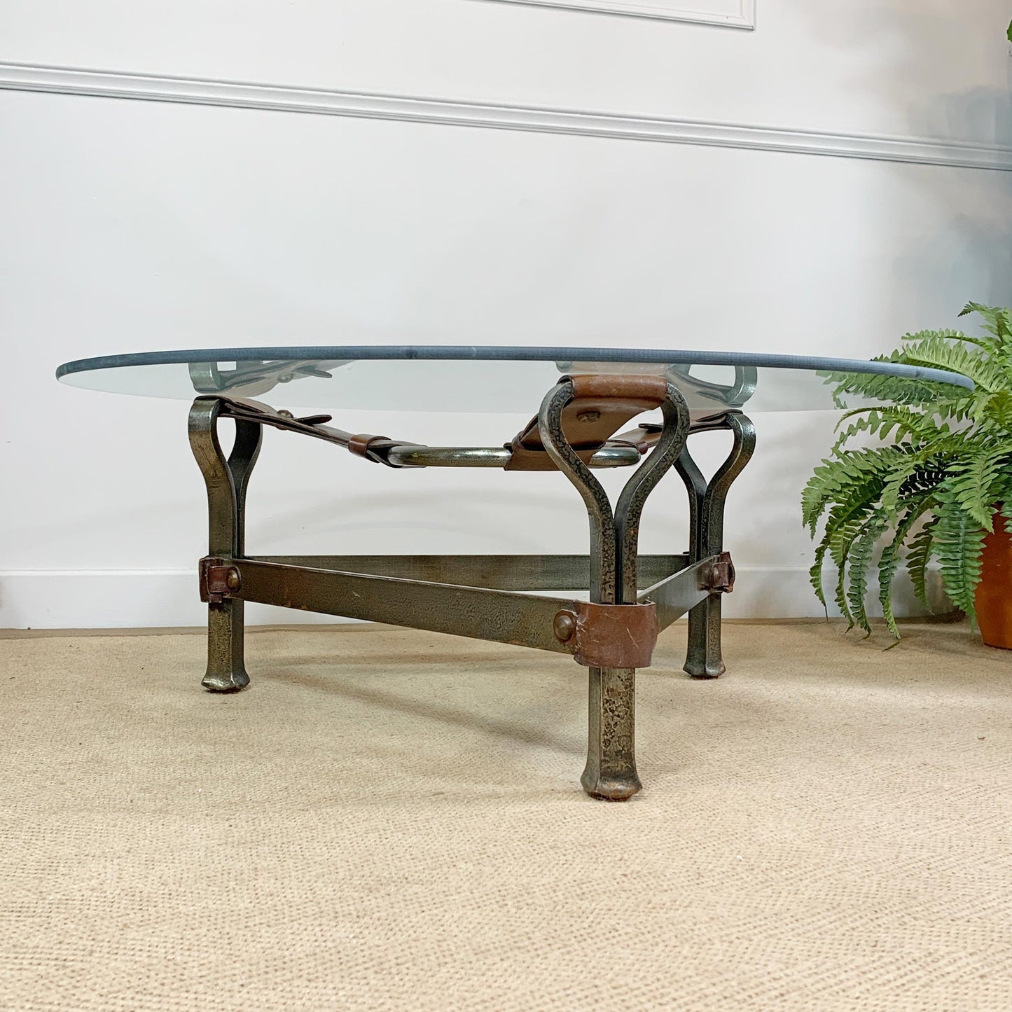 Jean-Pierre Ryckaert Tan Leather Strap and Steel Coffee Table