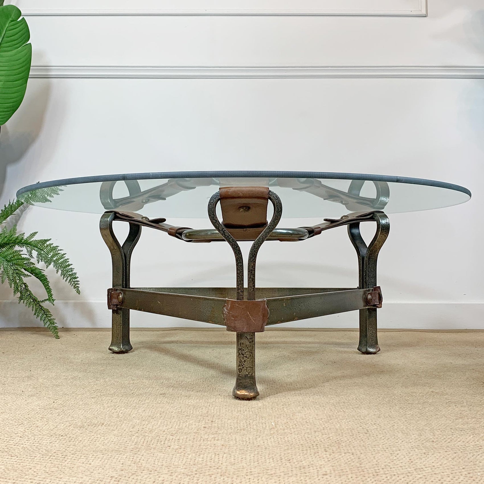 Jean-Pierre Ryckaert Tan Leather Strap and Steel Coffee Table