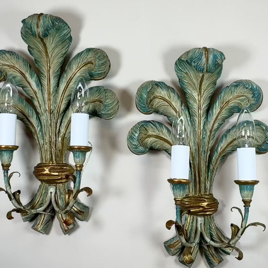 antique-italian-blue-polychrome-wooden-ostrich-feather-wall-lights
