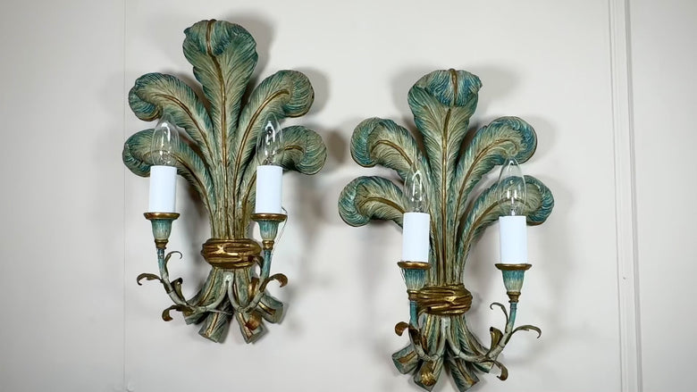 antique-italian-blue-polychrome-wooden-ostrich-feather-wall-lights