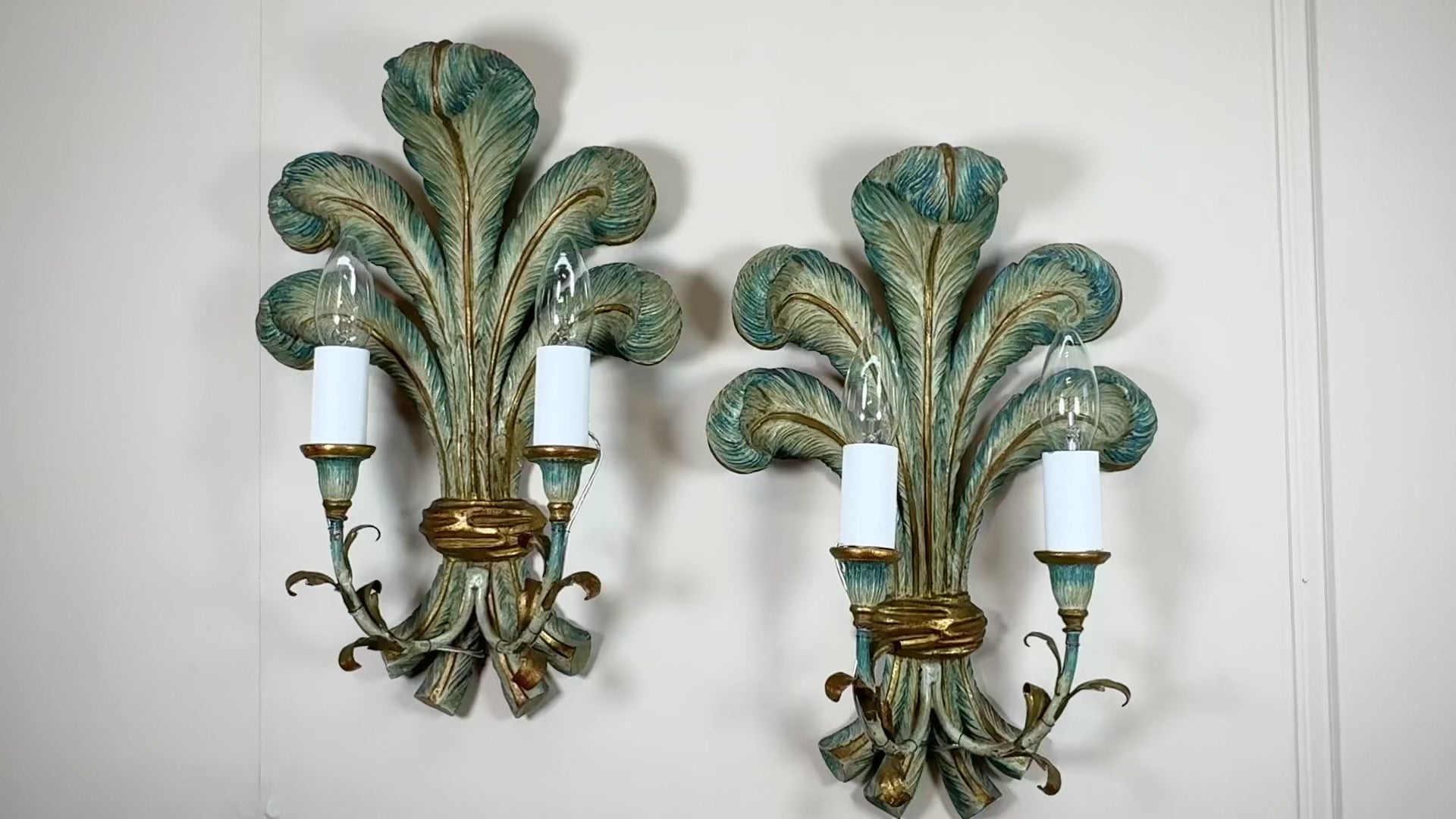 antique-italian-blue-polychrome-wooden-ostrich-feather-wall-lights