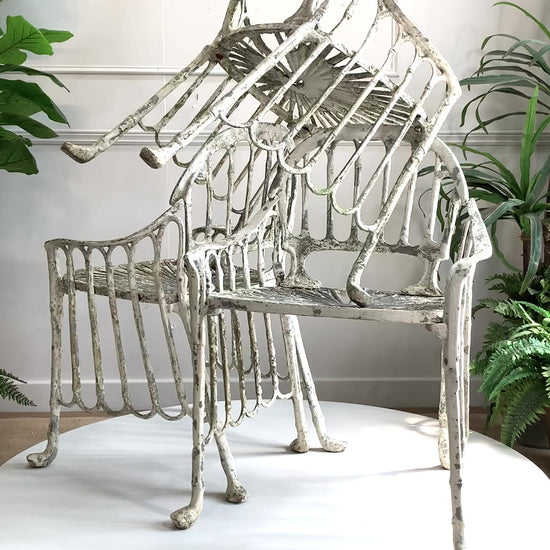 Exceptionally rare set of four chairs, Brazilian, circa 1970. Highly unusual sweeping faux Bamboo and Palm Leaf seat design, in Cast Aluminium.