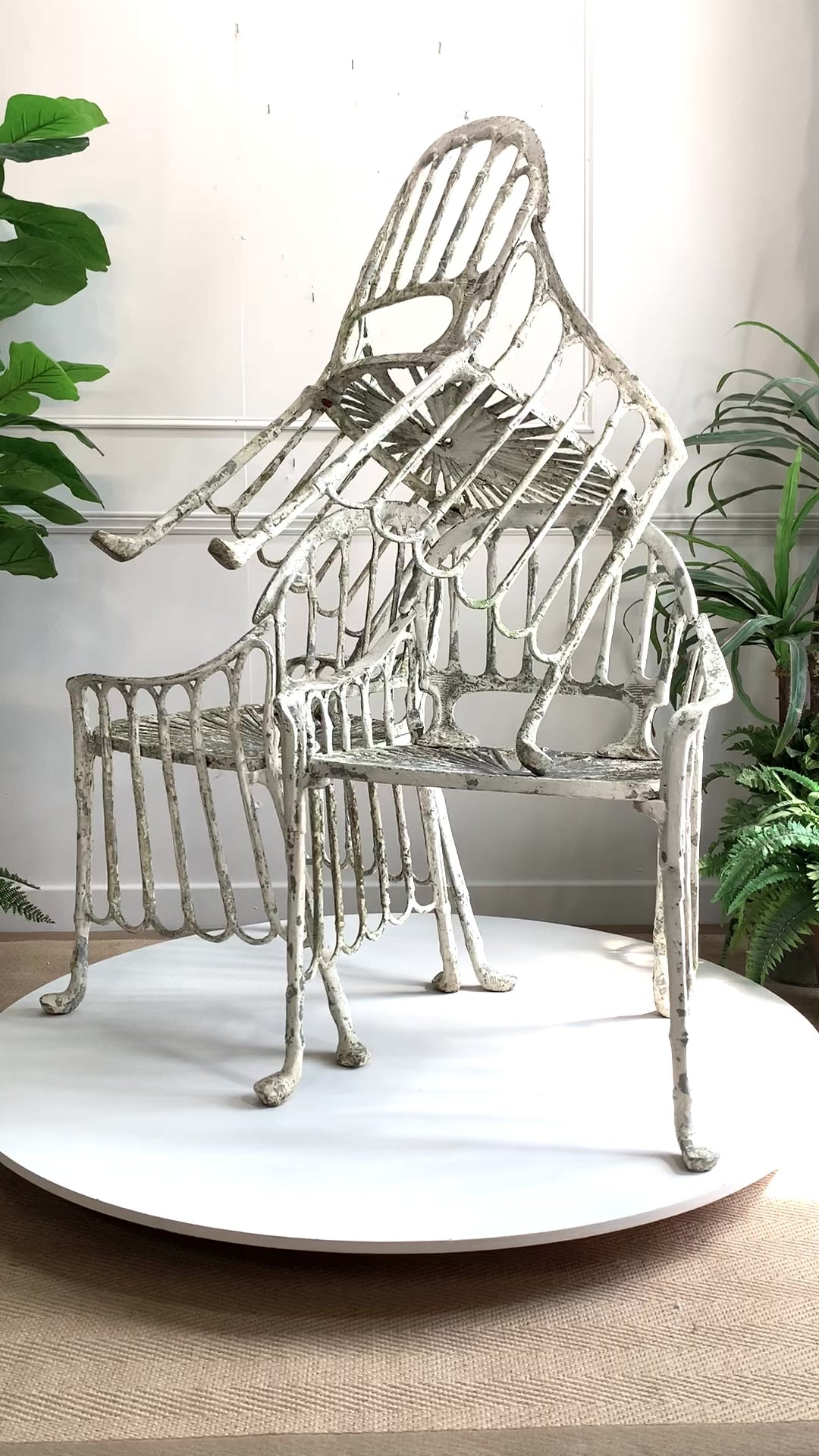 Exceptionally rare set of four chairs, Brazilian, circa 1970. Highly unusual sweeping faux Bamboo and Palm Leaf seat design, in Cast Aluminium.